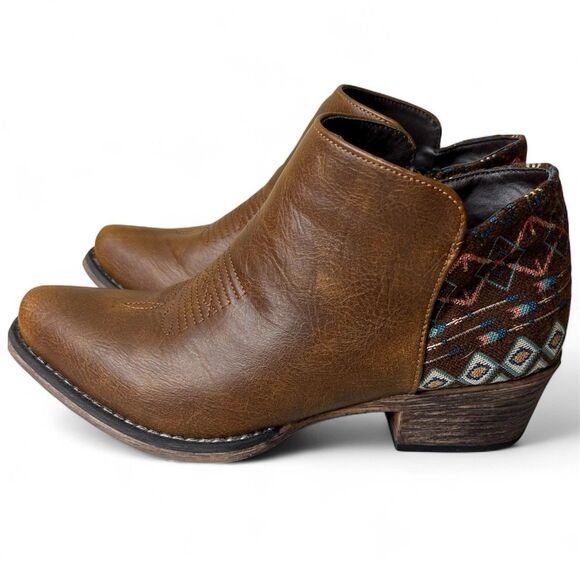 Roper Sedona Ankle Boots Womens 6.5 Brown Faux Leather Aztec Print Western Boho - Picture 1 of 9